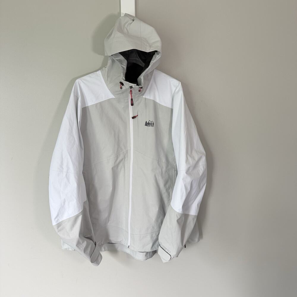 REI Co-op XeroDry GTX Jacket Womens 1X Gray White Goretex Hiking Packable